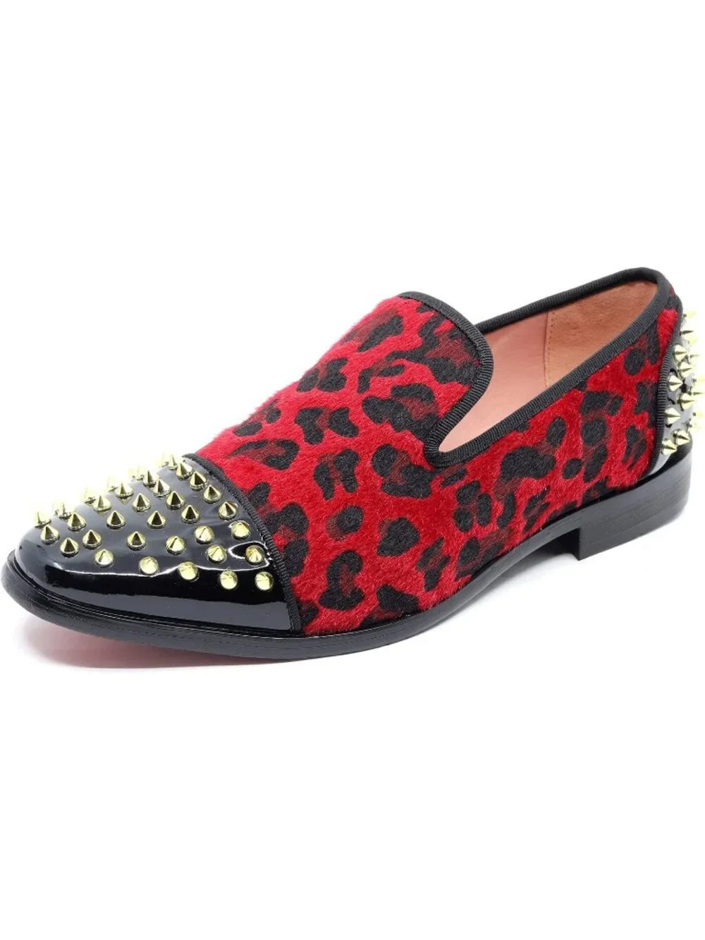 Metrocharm Men's Red Leopard Print Loafers Smoking Spikes Slip On Formal Shoes